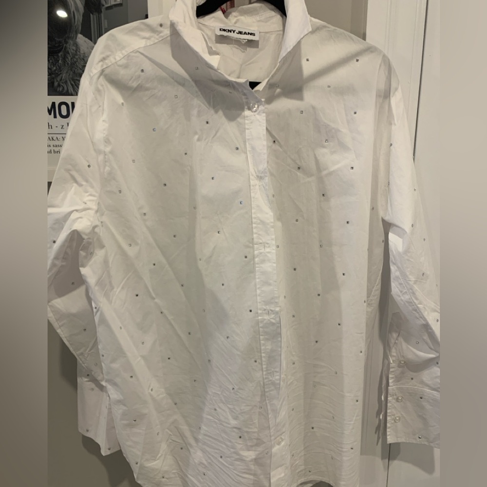 DKNY White Button-Down Shirt with Subtle Dot Embellishments